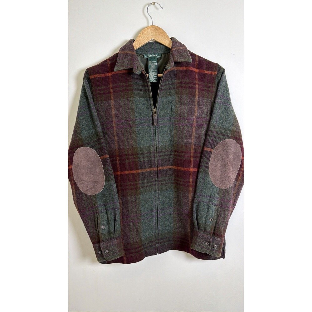 Vintage 90s LAUREN Ralph Lauren Plaid Shirt Jacket Lambswool Suede Elbow UNISEX